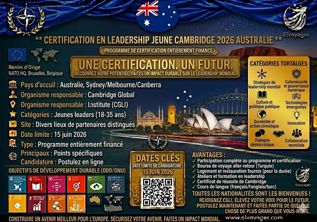 Certification en leadership jeunesse Cambridge 2026 (entièrement financée) - Dates du programme : du 1er au 5 septembre 2026