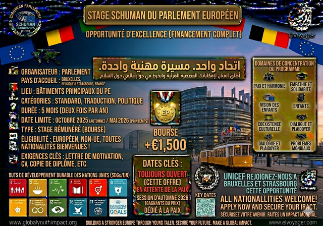 Stages Schuman au Parlement européen 2026 (Allocation + Voyage) - Date limite : 31 mai 2026