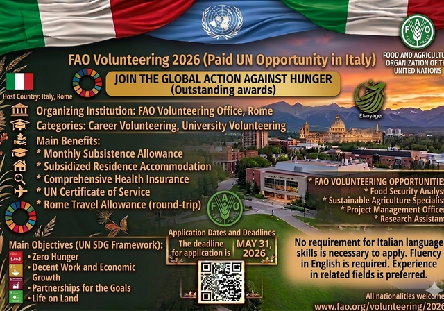 FAO Voulanteering 2026 in Rome, Italy (Paid UN Opportunity) - Duration: 3 to 11 Months