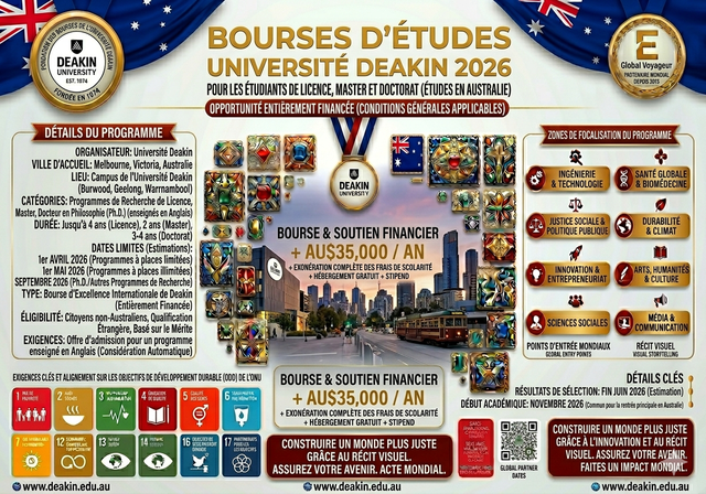 Bourses d'études de l'Université Deakin en Australie 2026 (entièrement financées) - Niveaux d'études : Licence, Master, Doctorat