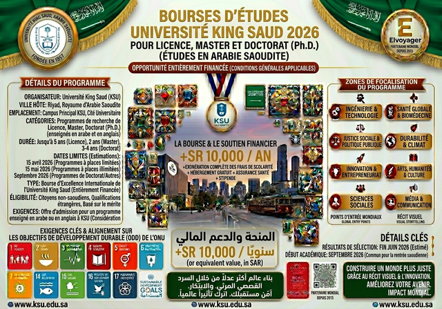 Bourses d'études de l'Université du Roi Saoud 2026 en Arabie saoudite (entièrement financées) - Niveaux d'études : Diplôme, Licence, Master, Doctorat