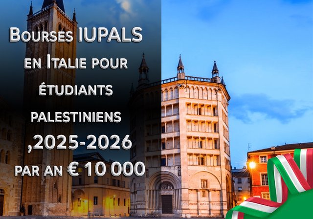 Bourses IUPALS en Italie pour étudiants palestiniens 2025-2026, 10 000 € par an - L'Université de Parme offre des bourses en Italie aux étudiants palestiniens. Grâce aux bourses IUPALS, les étudiants auront une opportunité unique d'étudier en Europe avec une bourse . Ils acquerront une expérience internationale qui enrichira leur parcours éducatif. L'Université de Parme offre un soutien et des conseils aux étudiants pour qu'ils puissent réaliser leur potentiel. En plus d’obtenir un certificat, ils auront également l’opportunité de développer leur personnalité et leurs compétences.