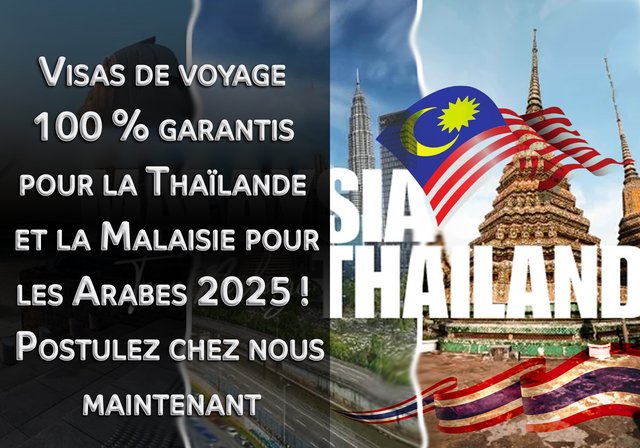 Visas de voyage 100 % garantis pour la Thaïlande et la Malaisie pour les Arabes 2025 ! Postulez chez nous maintenant - Êtes-vous égyptien, syrien ou yéménite et recherchez-vous de nouvelles opportunités ? Que ce soit pour un voyage ou pour affaires, nous proposons des visas garantis pour la Thaïlande et la Malaisie, ouvrant ainsi des portes vers des opportunités dans ces deux pays dynamiques d'Asie du Sud-Est.